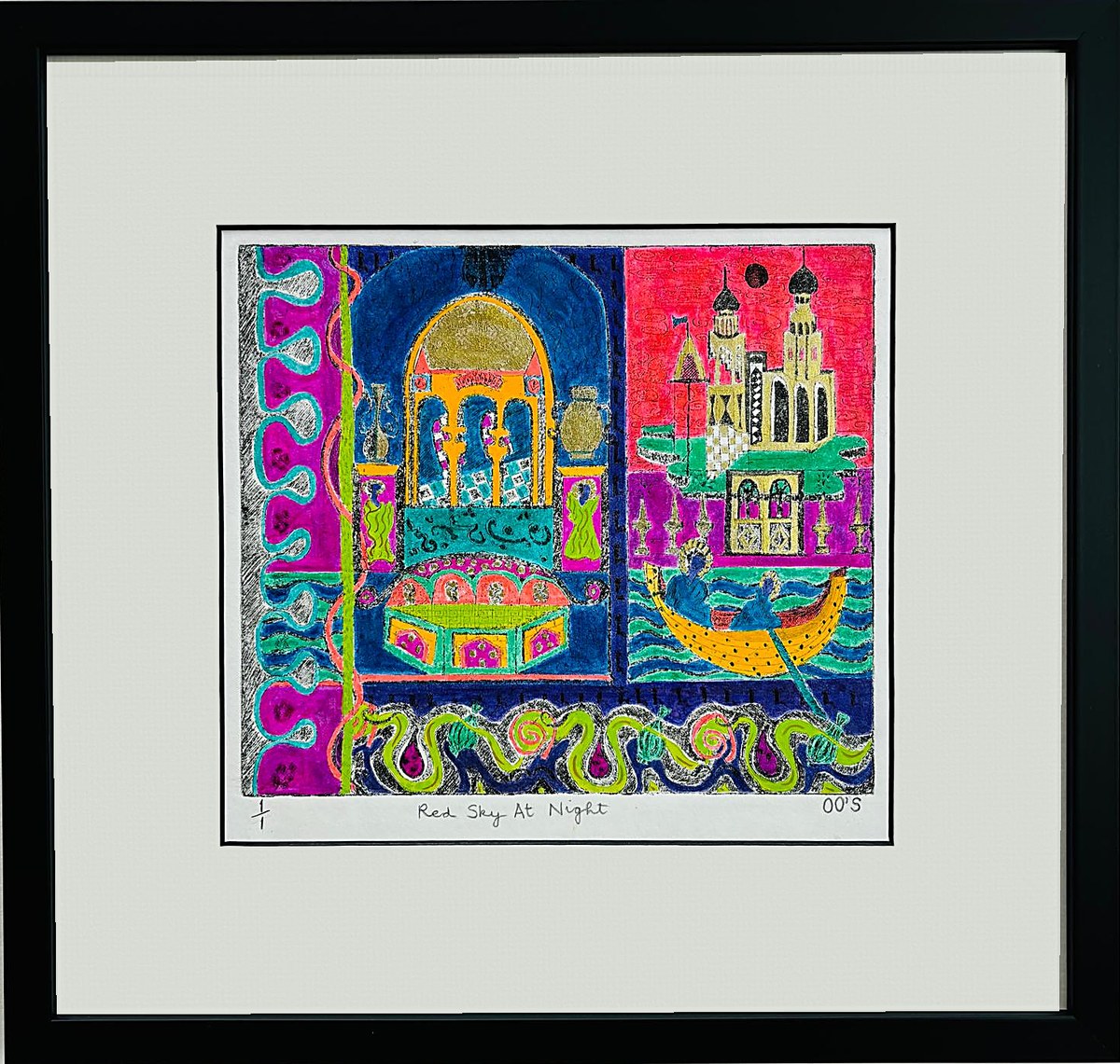 Red Sky At Night by Oonagh O'Sullivan: a hand-coloured print in a black frame, showing an ornate golden archway beside towers on a red sky and a yellow boat on turquoise water.
